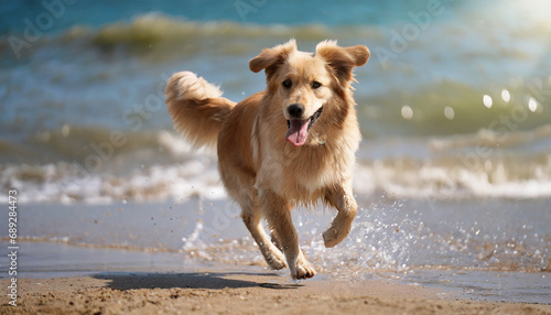 Dog running on the ocean beach.