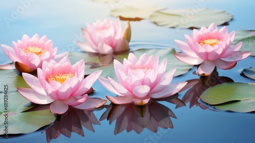 Pink lotuses in clear water  creating a calming scene of floral tranquility