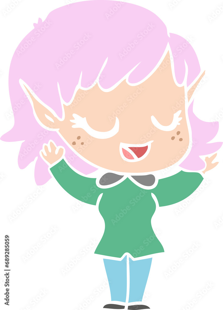 happy flat color style cartoon elf girl