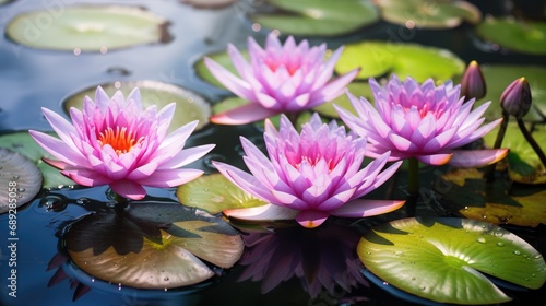 Pink lotuses in clear water  creating a calming scene of floral tranquility
