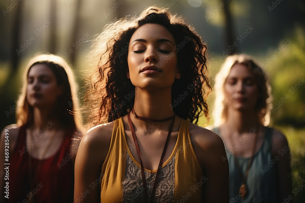 Tranquil Multiethnic Women Practicing Meditation in Forest at Sunset Tranquil Multiethnic Women Practicing Meditation in Forest at Sunset