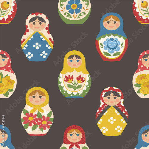 Seamless pattern with traditional Russian matryoshka. Folklore wooden painted toy. Great for fabric, textile
