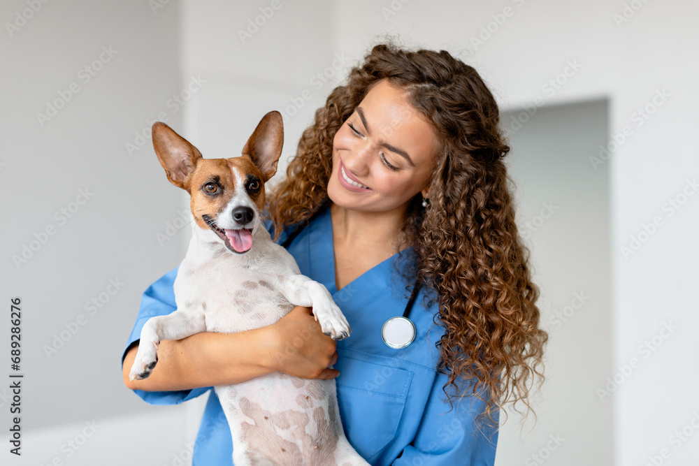 Veterinarian with pet dog in animal clinic Veterinarian with pet dog in animal clinic