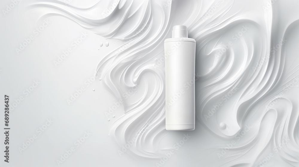 Fototapeta premium Mockup of a bottle of cosmetics for hair or body, white background, white waves texture
