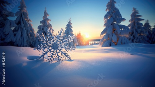 Winter landscape, macro snowflake, sunset in winter