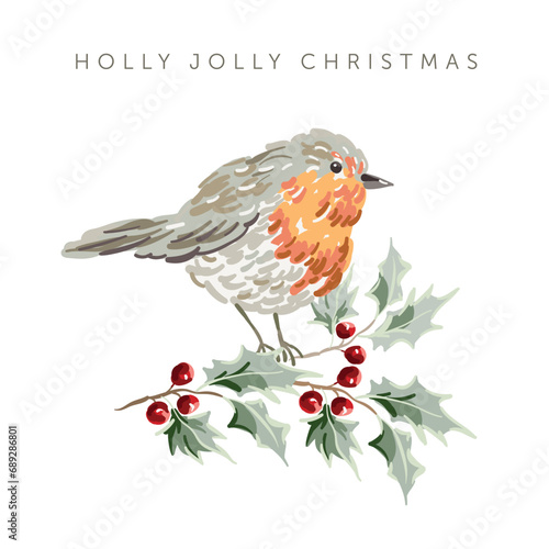 Christmas greeting card with robin bird, white background. Holly twigs with red berries. Vector illustration. Forest nature. Poster design template. Winter Xmas holidays