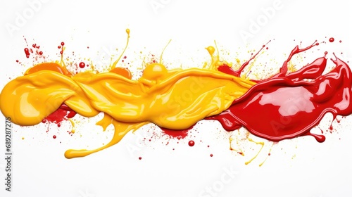 Flavor explosion: Splashes of ketchup and mustard isolated on a clean white background © pvl0707