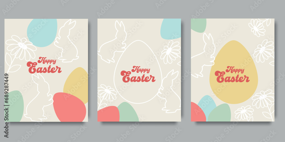 Happy Easter square banners templates. Cute bunny and eggs in pastel colors. Vector backgrounds for social media posts, mobile apps, greeting cards, invitations, banner design and web ads, sale poster