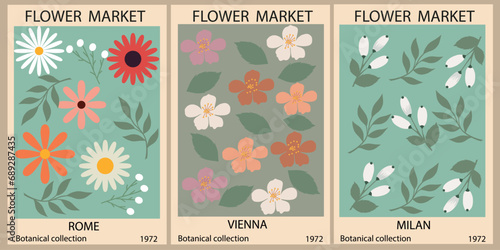 Flower market poster set. Abstract floral illustration. Botanical wall art collection, vintage poster aesthetic. Modern style, trendy pastel colors. Vector colorful illustrations.