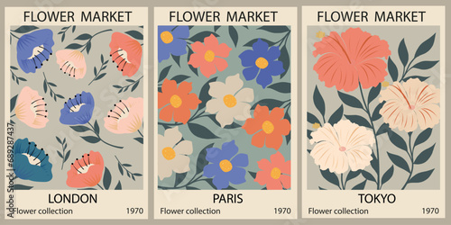 Set 1970 daisy flowers market posters. Abstract floral illustration. Poster for postcards, wall art, banner, background, for printing. Vector art illustration.