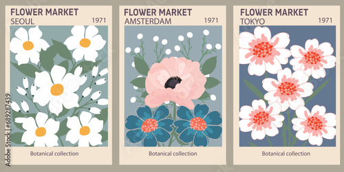 Flower market poster set. Abstract floral illustration. Botanical wall art collection, vintage poster aesthetic. Modern style, trendy pastel colors. Vector colorful illustrations.