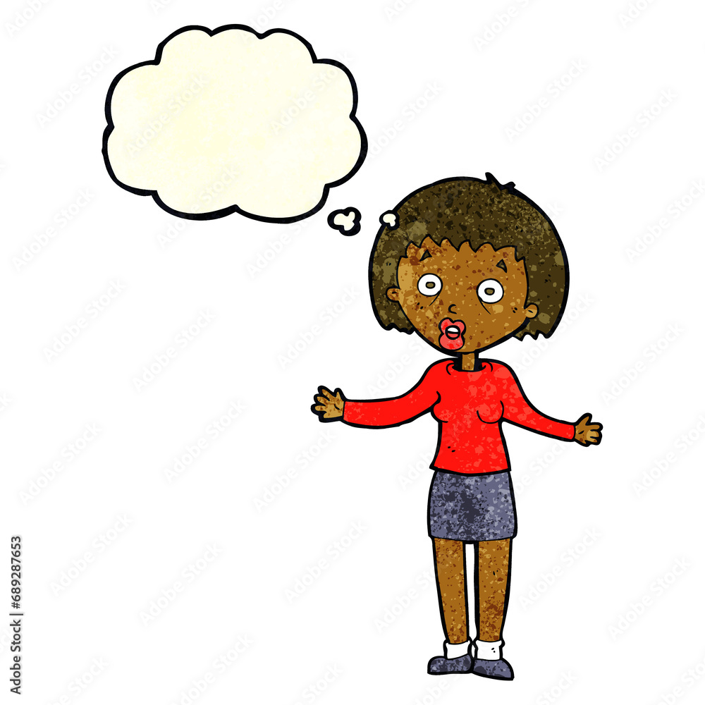 cartoon woman making excuses with thought bubble cartoon woman making excuses with thought bubble