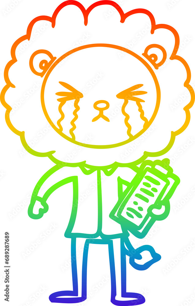 rainbow gradient line drawing of a cartoon crying lion with clipboard rainbow gradient line drawing of a cartoon crying lion with clipboard