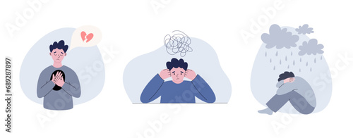 Sad man. Depression or an unhappy person illustration. Mental disorder. Man suffering from broken heart, overthinking man, man sitting under rain cloud. Flat vector illustration
