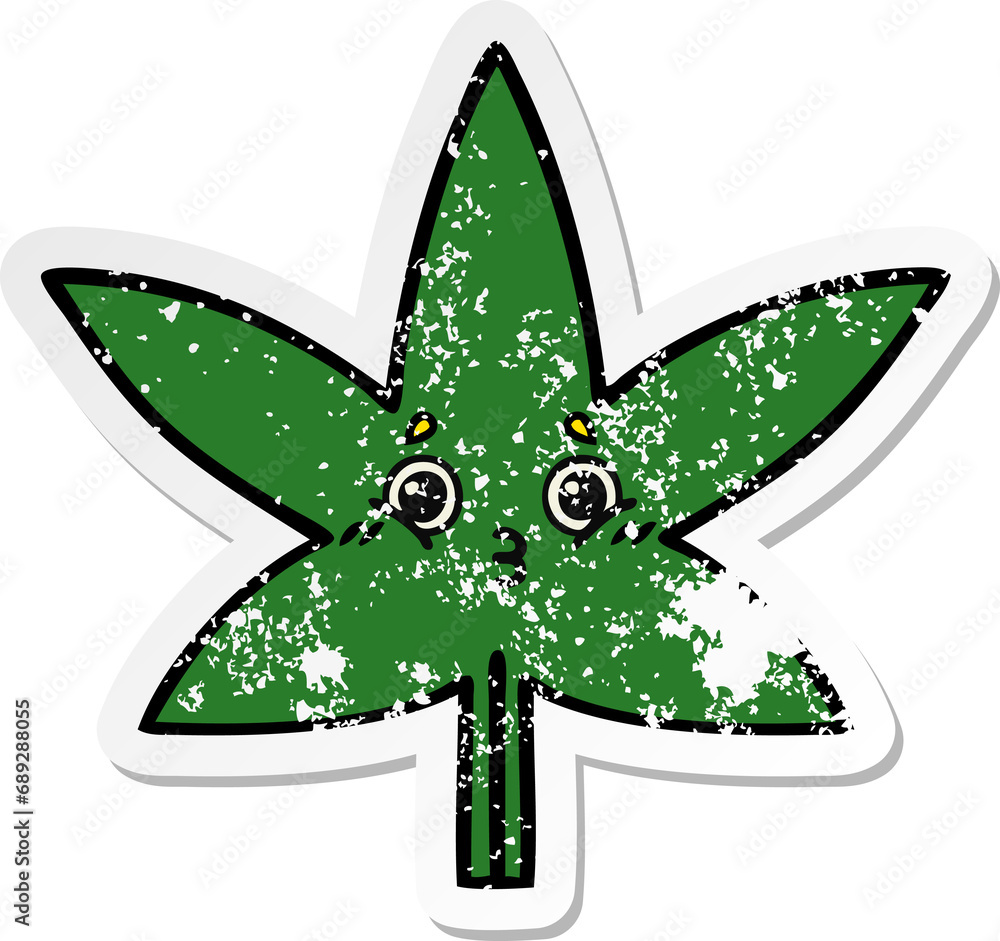 distressed sticker of a cute cartoon marijuana leaf distressed sticker of a cute cartoon marijuana leaf