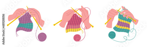 Knitting hobby. Needlework in hands and yarn skeins. Flat style vector illustrations