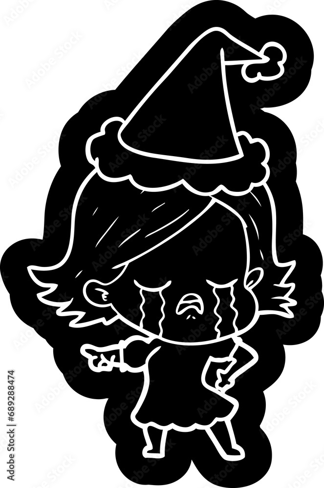 quirky cartoon icon of a girl crying and pointing wearing santa hat quirky cartoon icon of a girl crying and pointing wearing santa hat