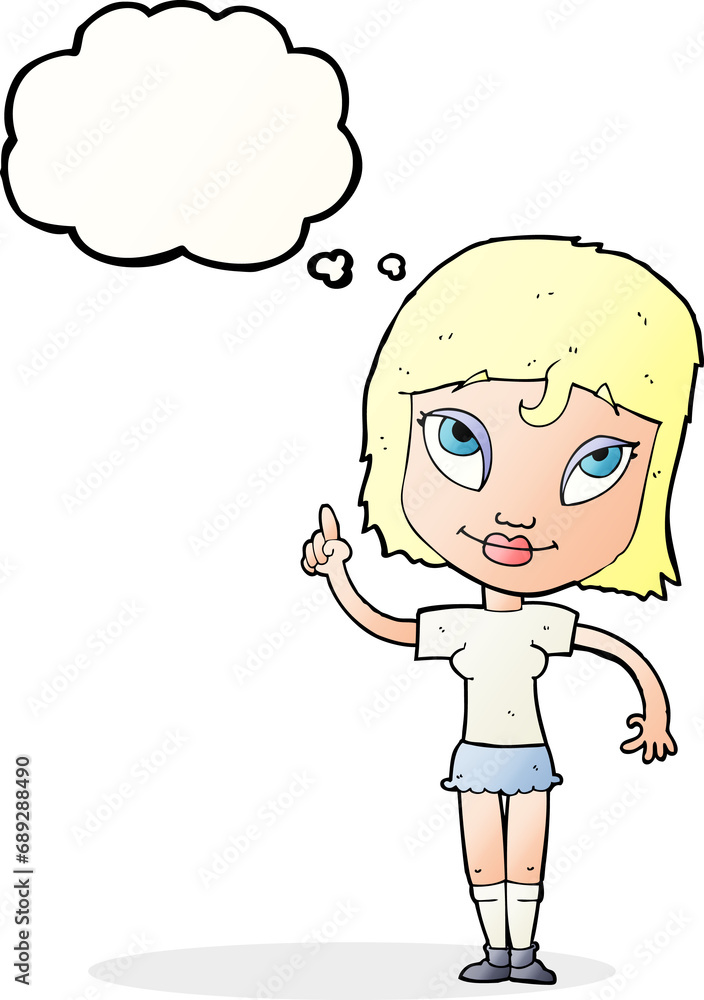 cartoon woman with idea with thought bubble cartoon woman with idea with thought bubble