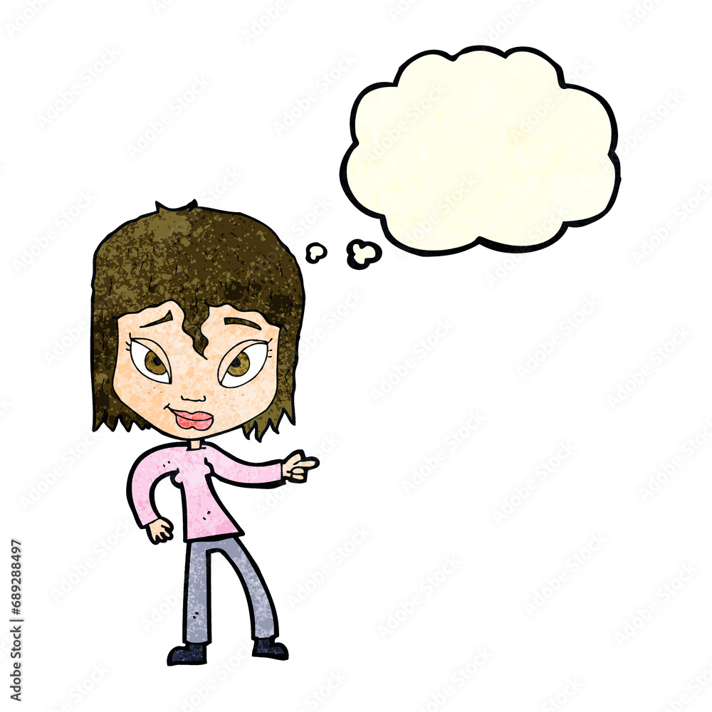 cartoon relaxed woman pointing with thought bubble cartoon relaxed woman pointing with thought bubble