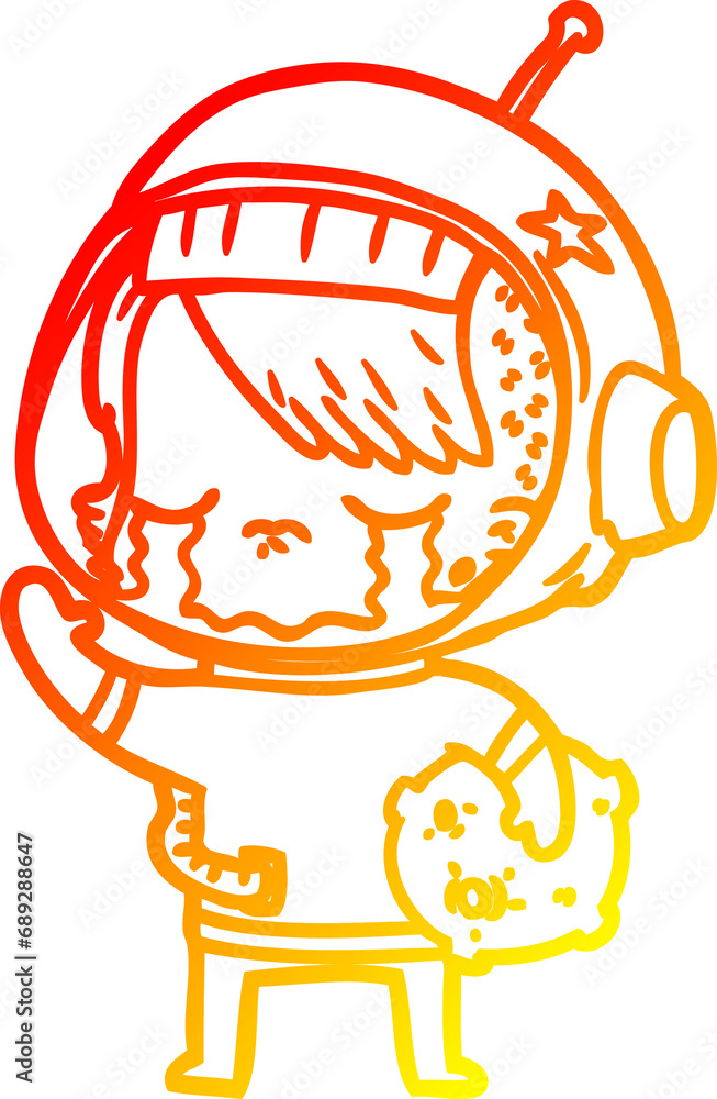 warm gradient line drawing of a cartoon crying astronaut girl carrying rock sample warm gradient line drawing of a cartoon crying astronaut girl carrying rock sample