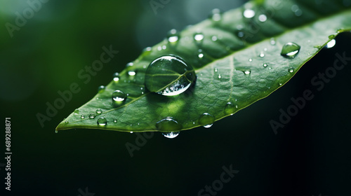 macro of dewy water droplet resting on a green leaf, natural lighting to create conceptual environmental nature photography 