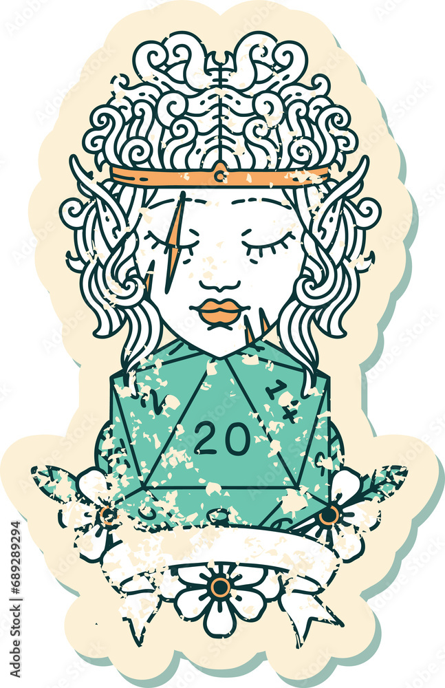 Retro Tattoo Style elf barbarian character with natural twenty dice roll Retro Tattoo Style elf barbarian character with natural twenty dice roll