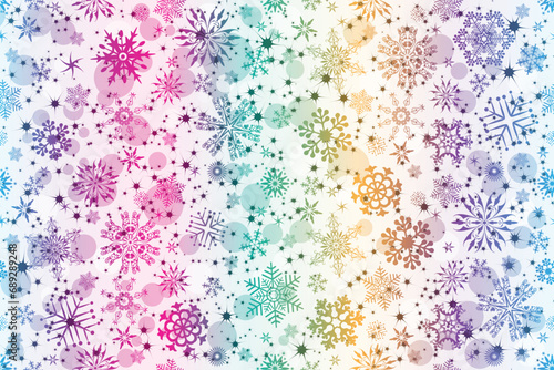 Vector seamless pattern with snowflakes on raindow gradient background with bokeh. Set