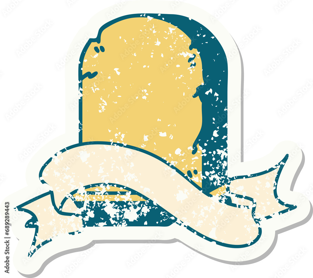 worn old sticker with banner of a grave stone worn old sticker with banner of a grave stone