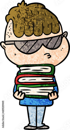 cartoon boy wearing sunglasses with stack of books