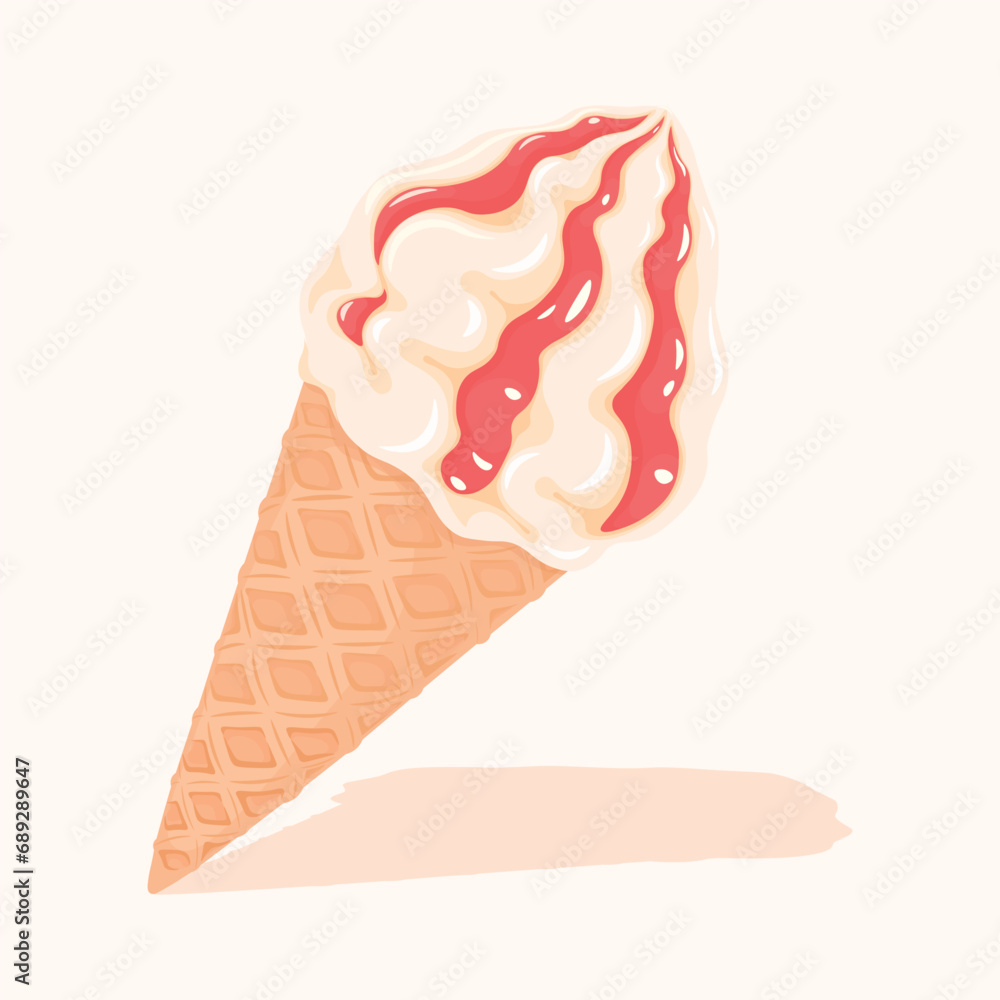 Ice cream with vanilla cream and berry syrup has an amazing taste, dessert, confectioner, sugar, vector, illustration, isolated, background, art, food, jam, waffle cone
Ice cream with vanilla cream and berry syrup has an amazing taste, dessert, confectioner, sugar, vector, illustration, isolated, background, art, food, jam, waffle cone