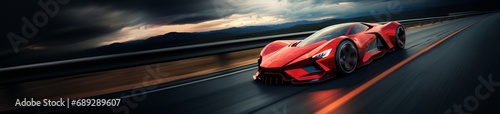 Sports car driving at high speed on a highway or city road. Modern design. Futuristic design. Concept car. For poster  invitation  flyer  banner  header. Generative AI content