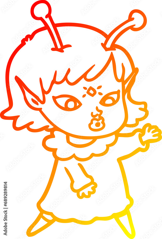 Fototapeta premium warm gradient line drawing of a pretty cartoon alien girl