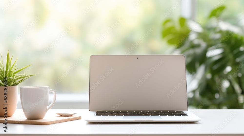 A laptop computer sitting on top of a desk next to a cup of coffee. A laptop computer sitting on top of a desk next to a cup of coffee.