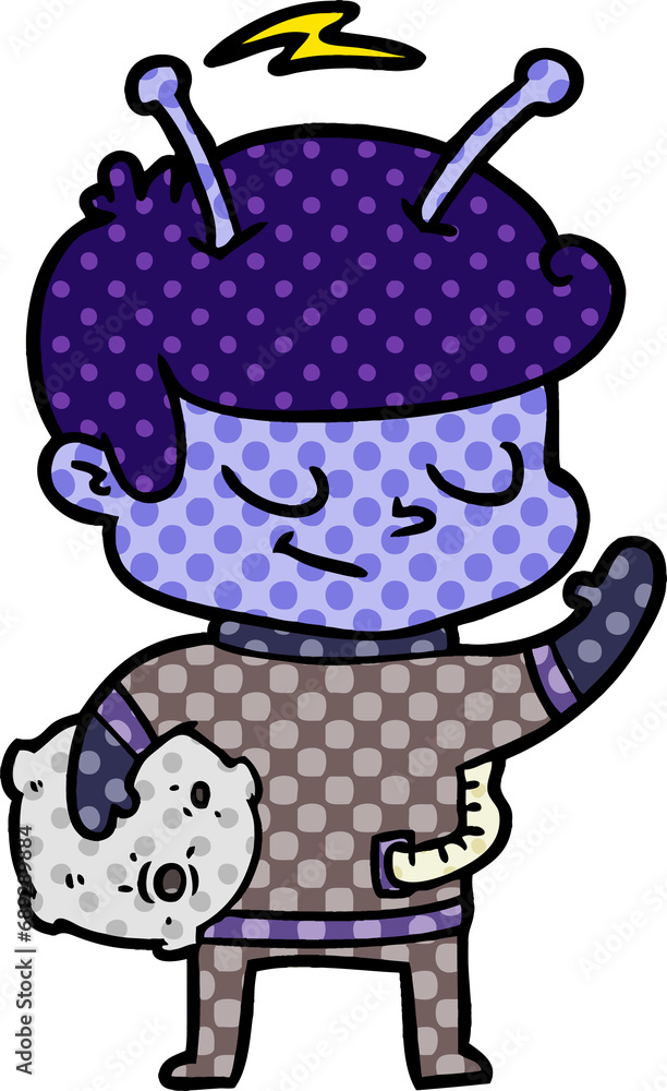 friendly cartoon spaceman holding meteor friendly cartoon spaceman holding meteor