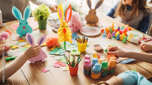 Easter Crafts Making, Colorful Paper Flowers and Bunny Cutouts photo