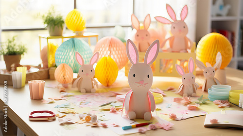 Easter Crafts Making, Colorful Paper Flowers and Bunny Cutouts