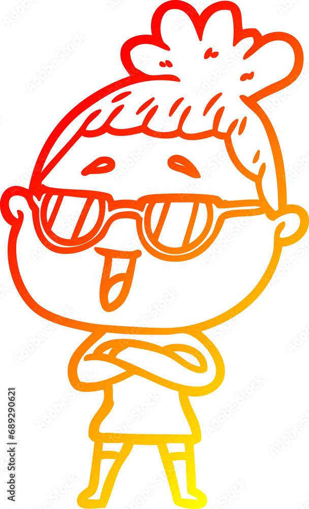 warm gradient line drawing of a cartoon happy woman wearing spectacles warm gradient line drawing of a cartoon happy woman wearing spectacles