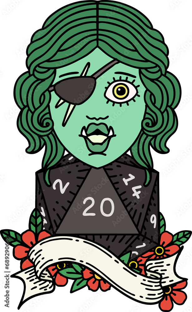 Retro Tattoo Style orc rogue character with natural twenty dice roll Retro Tattoo Style orc rogue character with natural twenty dice roll