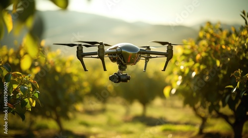 A small drone flying over a field of trees.