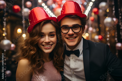 Happy couple with festive hats celebrating. photo