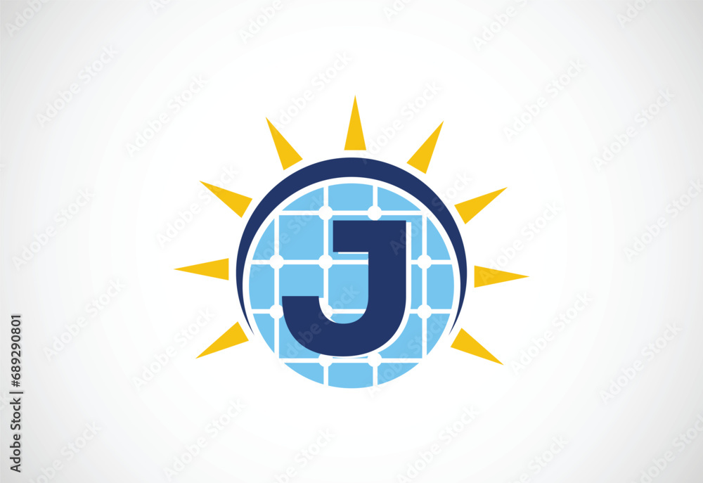 English alphabet J with solar panel and sun sign. Sun solar energy logo vector illustration English alphabet J with solar panel and sun sign. Sun solar energy logo vector illustration