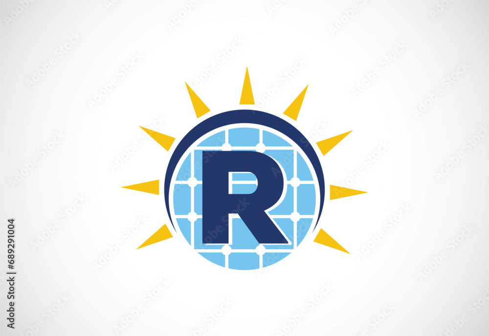 English alphabet R with solar panel and sun sign. Sun solar energy logo vector illustration English alphabet R with solar panel and sun sign. Sun solar energy logo vector illustration