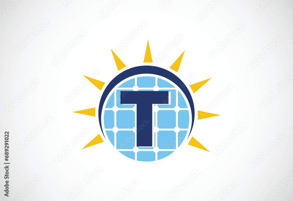English alphabet T with solar panel and sun sign. Sun solar energy logo vector illustration English alphabet T with solar panel and sun sign. Sun solar energy logo vector illustration