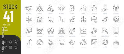 Stock Line Editable Icons set. Vector illustration in modern thin line style of finance related icons: currency exchange, trading, profit, shareholder, types of markets and charts. 