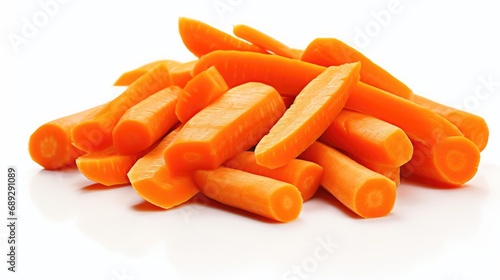 A closeup of a lot of peeled carrots on a clean white background, showcasing vibrant colors and freshness.
