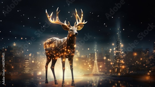 City sparkle: Christmas deer adorned with lights on a captivating black background, bringing festive charm to the urban decor. © pvl0707