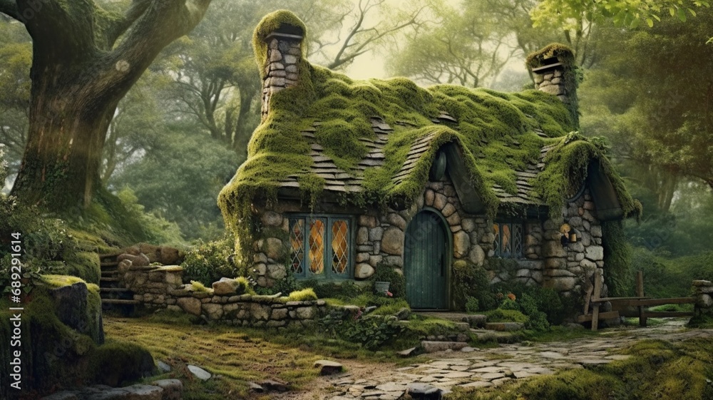 Wonderful stone cottage forest hobbit homes pictures AI Generated art - obrazy, fototapety, plakaty 