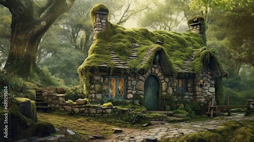 Wonderful stone cottage forest hobbit homes pictures AI Generated art photo