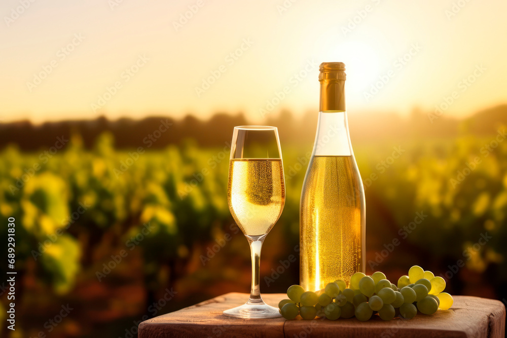 champagne bottle with glass in vineyard bokeh