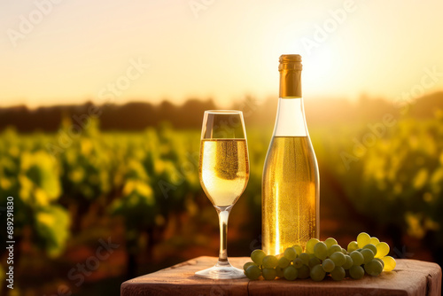 champagne bottle with glass in vineyard bokeh